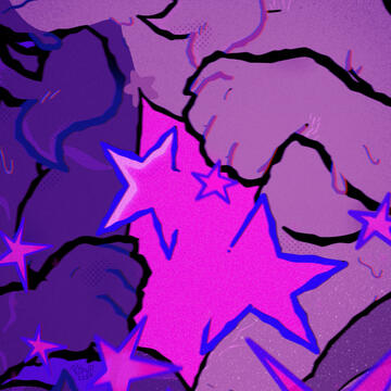 down to what we really are Casey, a half purple half grey puppy-dragon, sweating with a nervous expression, as they pull apart their bare chest exposing a large pink gash, with glittery hot pink stars emerging from xer chest cavity. Digital, January 2026.