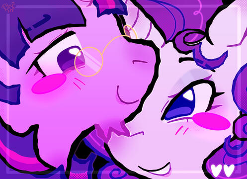 raritwi princess twilight sparkle + rarity ship artwork. a closeup shot of the 2 gay ponies heads, with twilight sparkle resting her head onto rarity’s creating an almost ‘ying-yang’ symbolism. the two ponies stare longing into one another. digital, fanart january