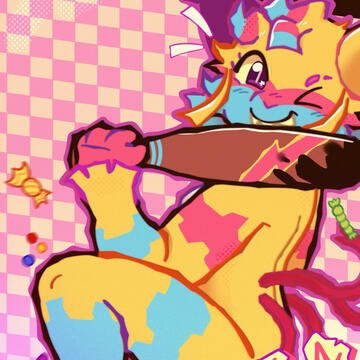 yatta! yatta, the piñata toon of the roblox game ‘dandys world’. She is standing with her foot on the bottom, diagonal boarder edge of the illustration at a size view. she is holding a bat covered in a black goo known in the game as ‘ichor’; and just above the ba