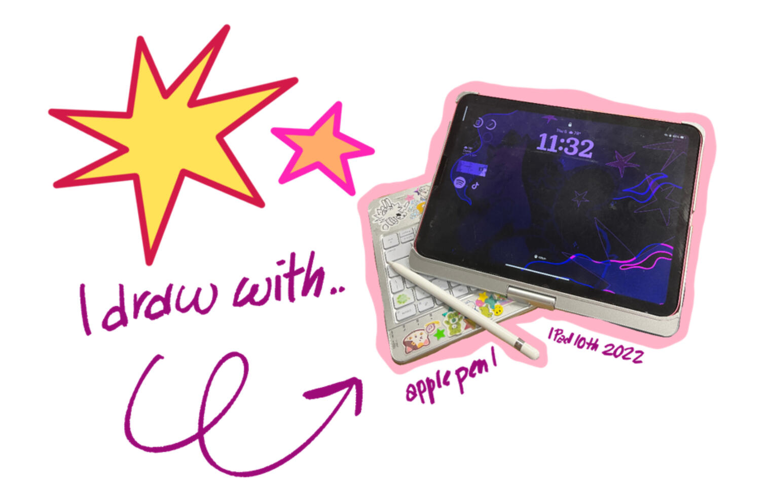 I draw with... A photo of an ipad and apple pencil, with the words 'I draw with' with an arrow pointing back at the ipad.